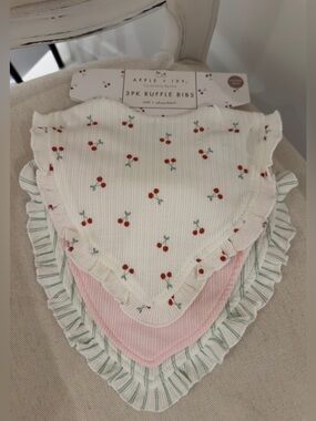 NWT 3-Pack Ruffle Baby Bibs - Cherry Print, Pink & Mint Stripe by Apple + Ivy